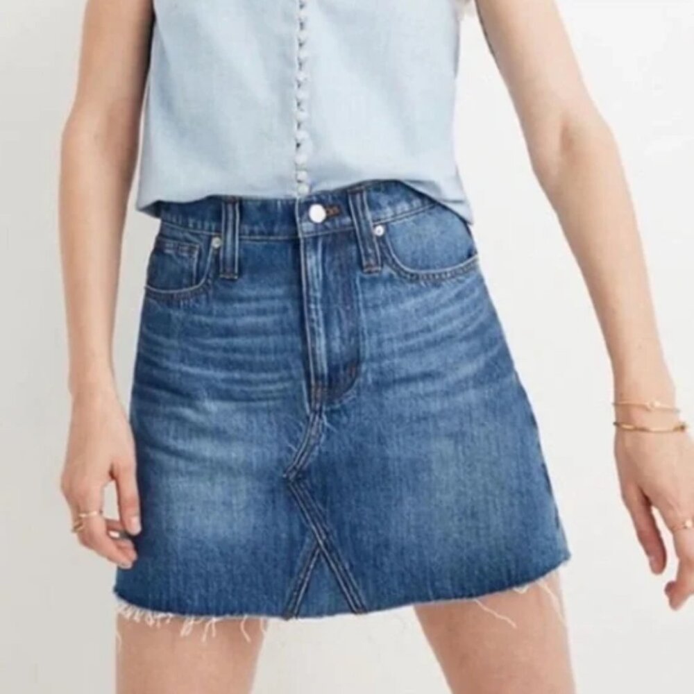 Madewell Women 27 Jean Skirt Rigid Denim A Line Blue Denim Raw Hem Cotton